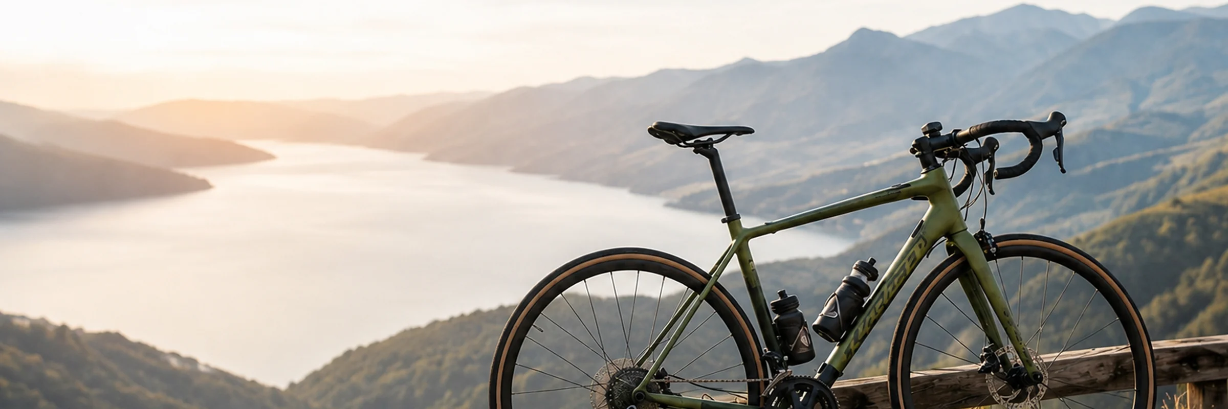 Green gravel bike resting on a guardrail above a mountain lake
