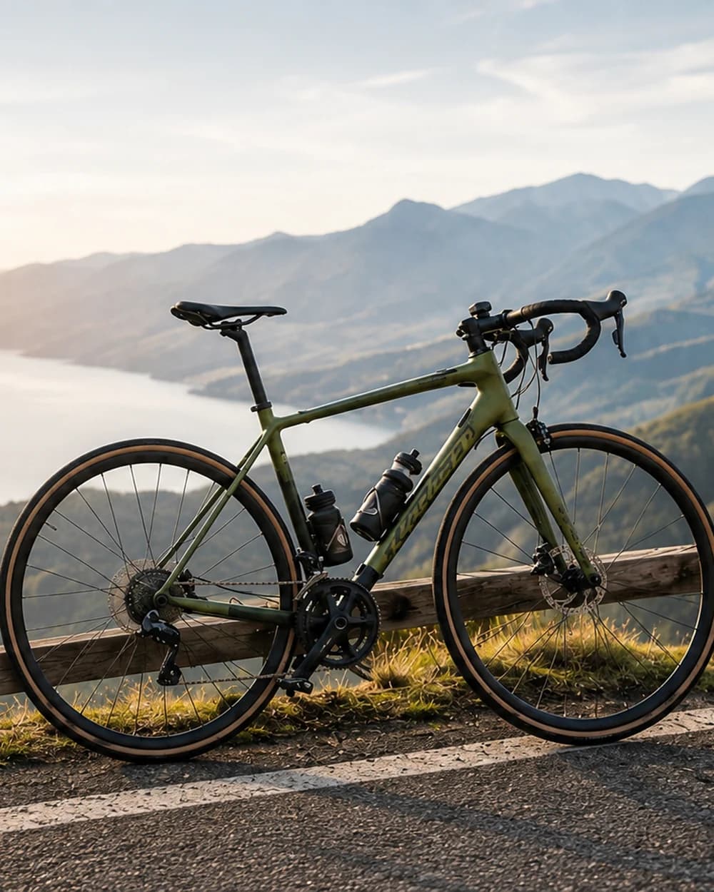 Green gravel bike resting on a guardrail above a mountain lake